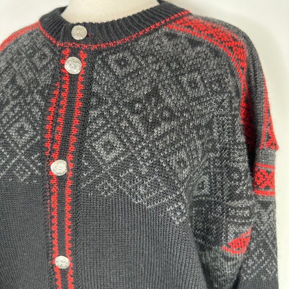 NORLENDER Knitwear Black Red Wool Knit Fair Isle Button Cardigan Sweater Size L - Picture 4 of 11